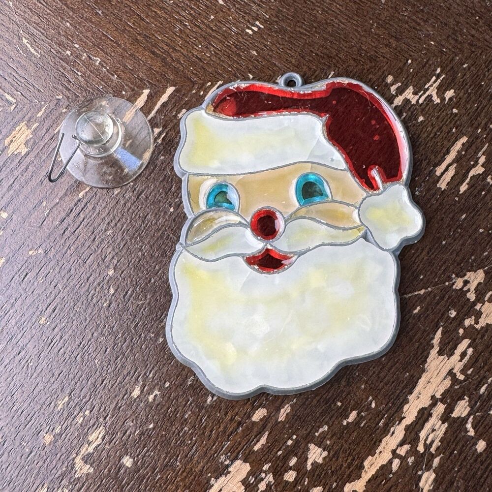 Vintage Stained Glass Suncatcher Santa Claus Christmas Window Decor With Hanger